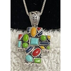 Striking TURQUOISE CORAL LAPIS CROSS Silver .925 Box Chain  29” NECKLACE 25gms
